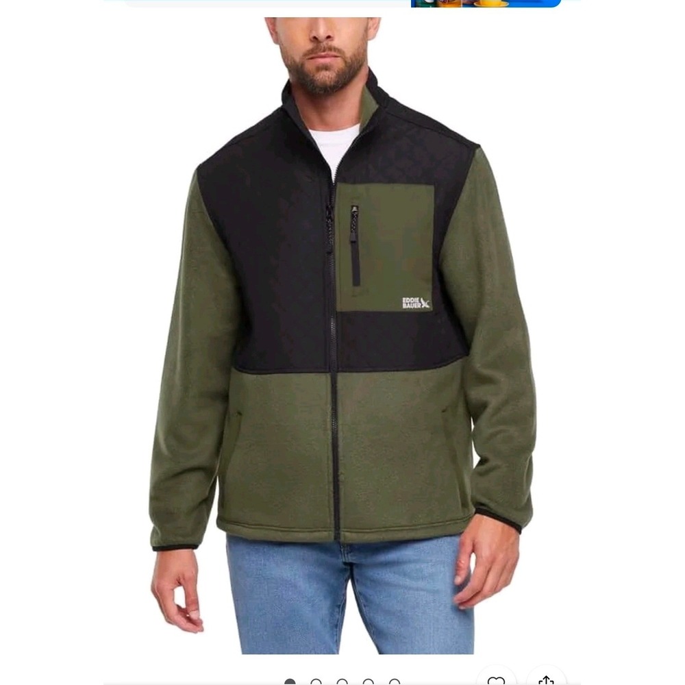 Eddie Bauer Men Gorpcore Mixed Media Full Zip Fleece Jacket Green Quilted Medium